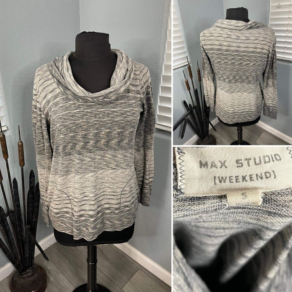 Max Studio Women's Size Small Scoop Neck Gray Black and Tan Sweater